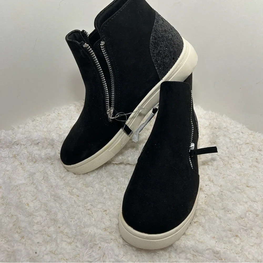 Joie Kids Black Faux Suede Glitter Heel High Top Sneakers Side Zip Boots Size‎ 4